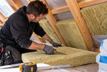 Isolatiemonteur zaagt minerale wol op maat voor dakisolatie aan de binnenzijde van een schuin dak
